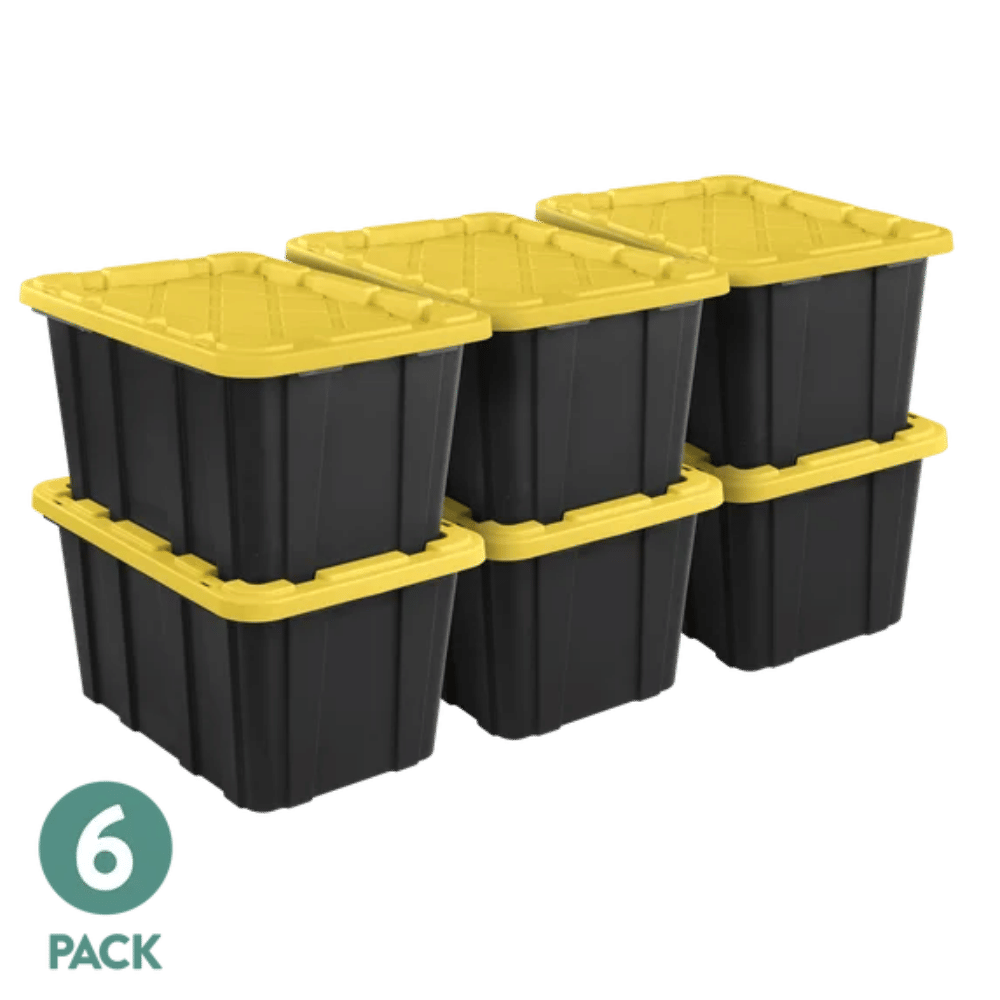 Large Storage Bin, 27 Gallon Durable Plastic Storage Tote with Snap-On Lid, Black and Yellow, 6 Pack (Shipment from Walmart)