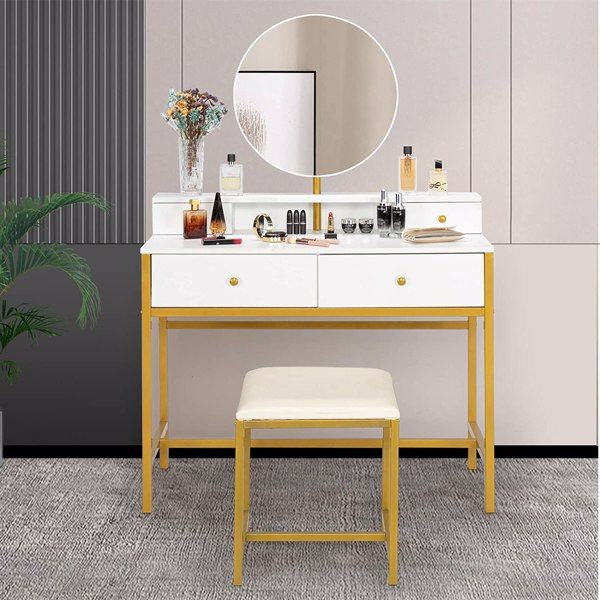 Large Vanity Set Vanity Table with Frameless Round Mirror Makeup Dressing Table Set with 2 Large Table Drawers; 2 Small Drawers & Desktop Shelf Cushioned Stool for Women Girls in Bedroom