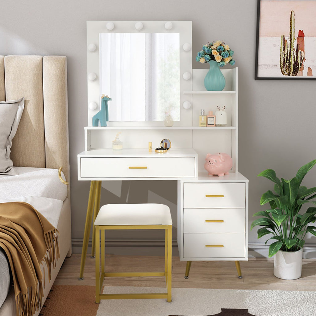Large Vanity Set with 9 LED Bulbs, Makeup Table with Cushioned Stool, 3 Storage Shelves 4 Drawers, Dressing Table Dresser Desk for Women, Girls, Bedroom, White