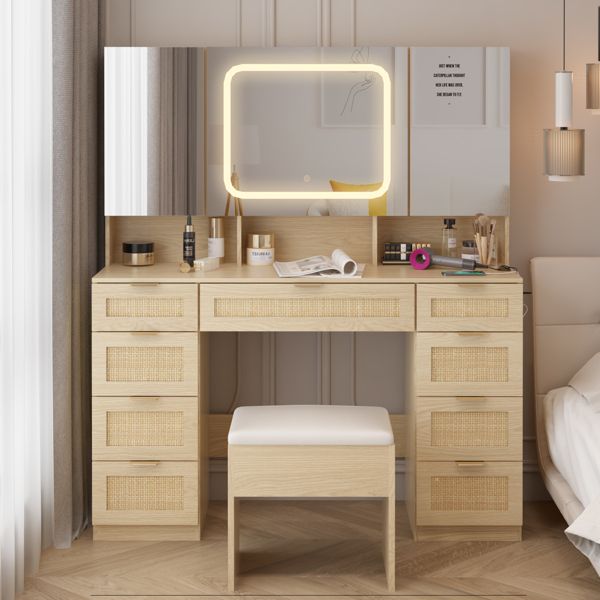 Large Vanity Table Set with 3 Opening Mirrors and LED Lights, Vanity Table with Full Storage Behind Mirror, Makeup Table with Drawers and Storage Shelves, Cushioned Stool for Bedroom, Natural