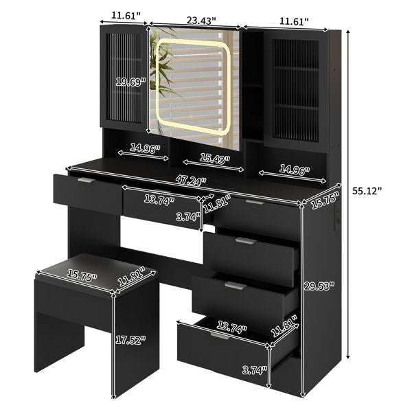 Large Vanity Table Set with LED Lighted Mirror, Vanity Desk with Charging Station, Makeup Table with Glass Doors, Drawers and Storage Shelves, Cushioned Stool for Bedroom, Black