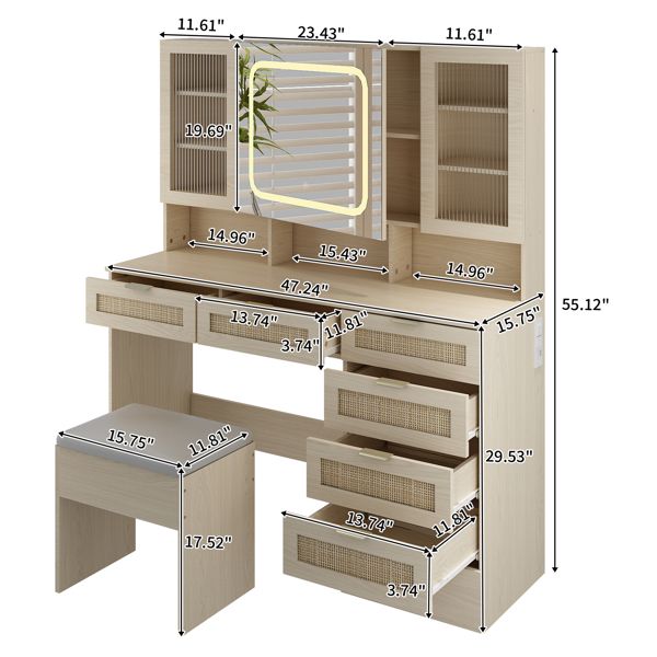 Large Vanity Table Set with LED Lighted Mirror, Vanity Desk with Charging Station, Makeup Table with Glass Doors, Drawers and Storage Shelves, Cushioned Stool for Bedroom, Natural