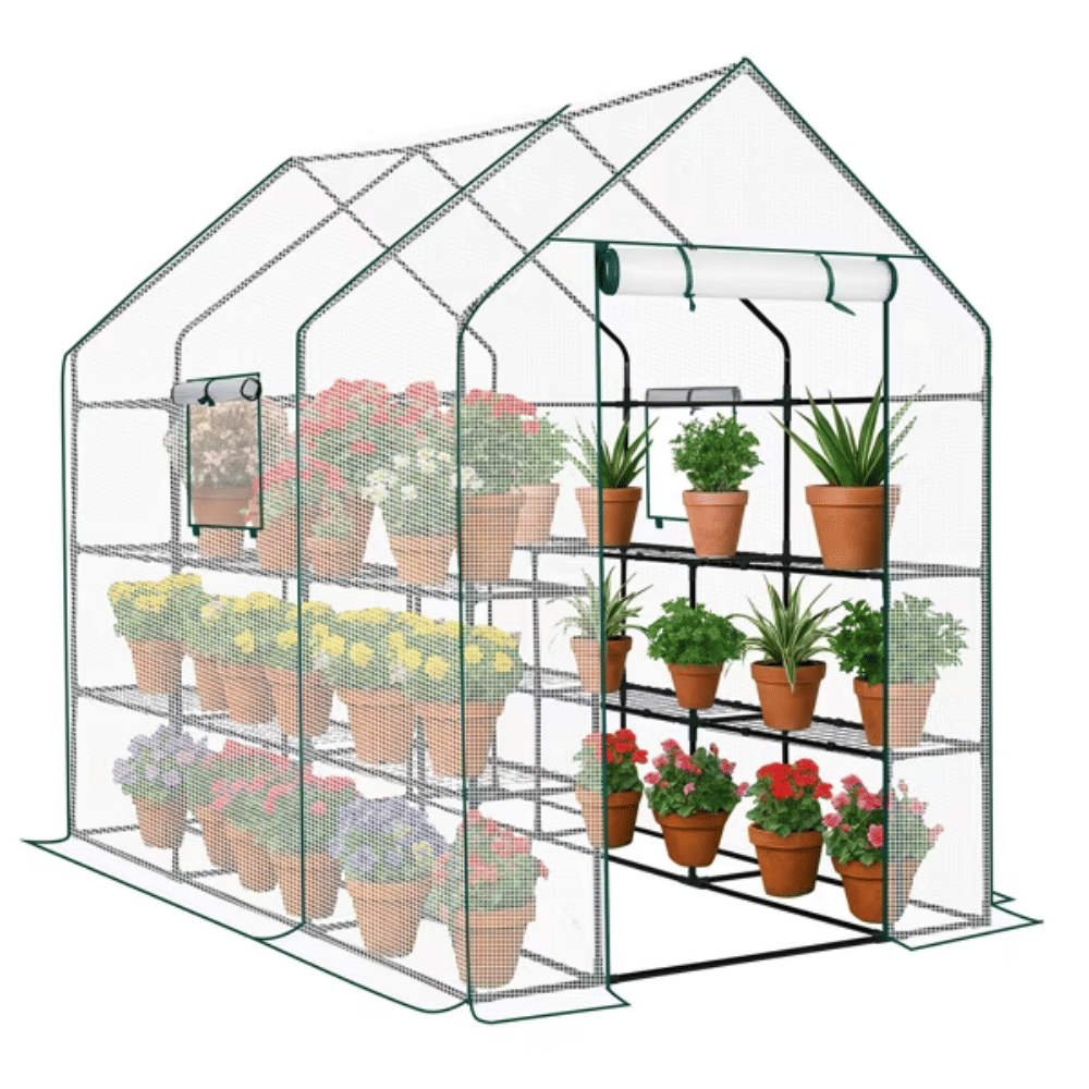 Large Walk-In Greenhouse with PE Cover, 12-Shelf Indoor Outdoor Garden Plant Shelves, Roll-Up Door & Side Windows, 56"x85"x77" (Shipment from Walmart)