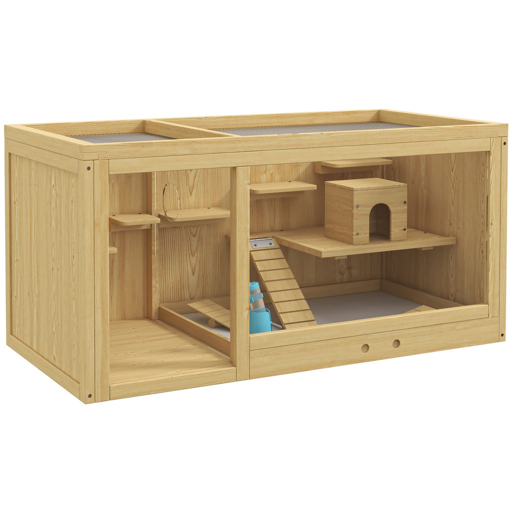 Large Wooden Hamster Cage with Water Dispenser Removable Tray for Gerbils Natural