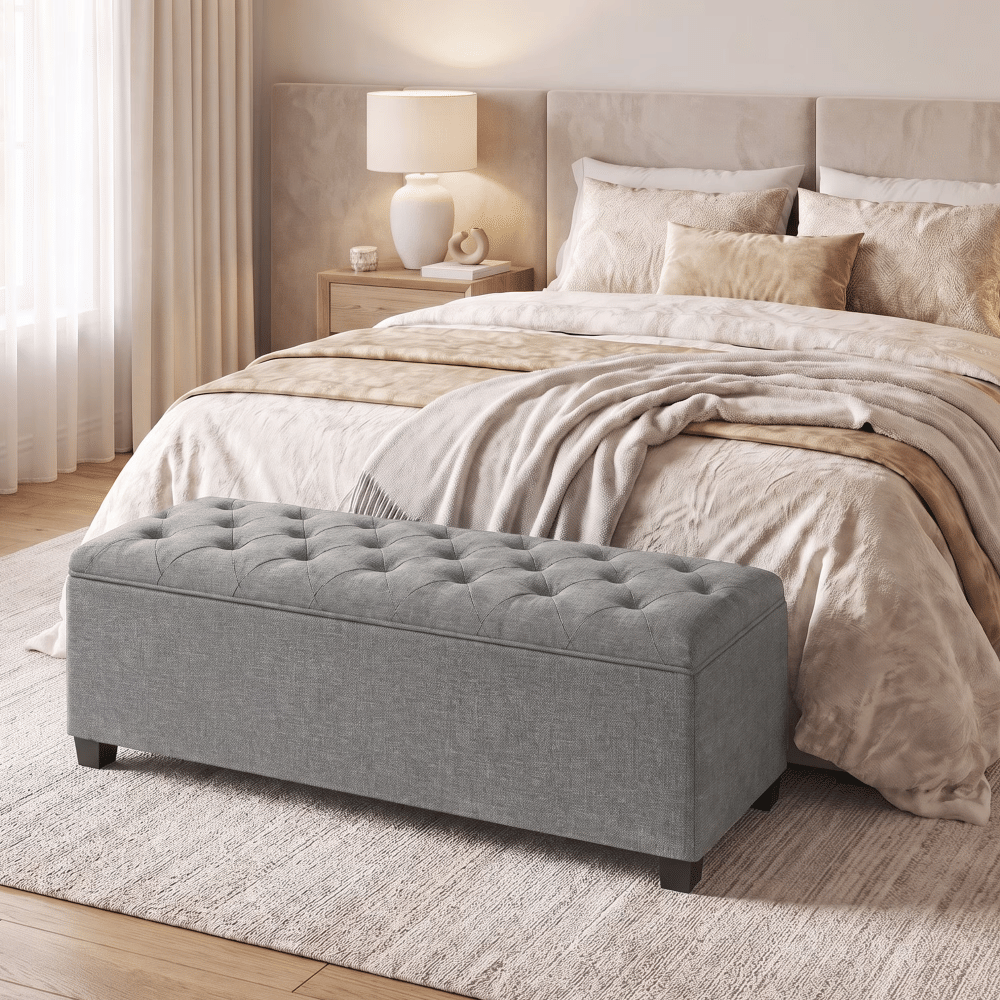 LargeStorageOttoman Bench, EndofBed Bench with Tufted Linen-Look Fabric, Light Gray