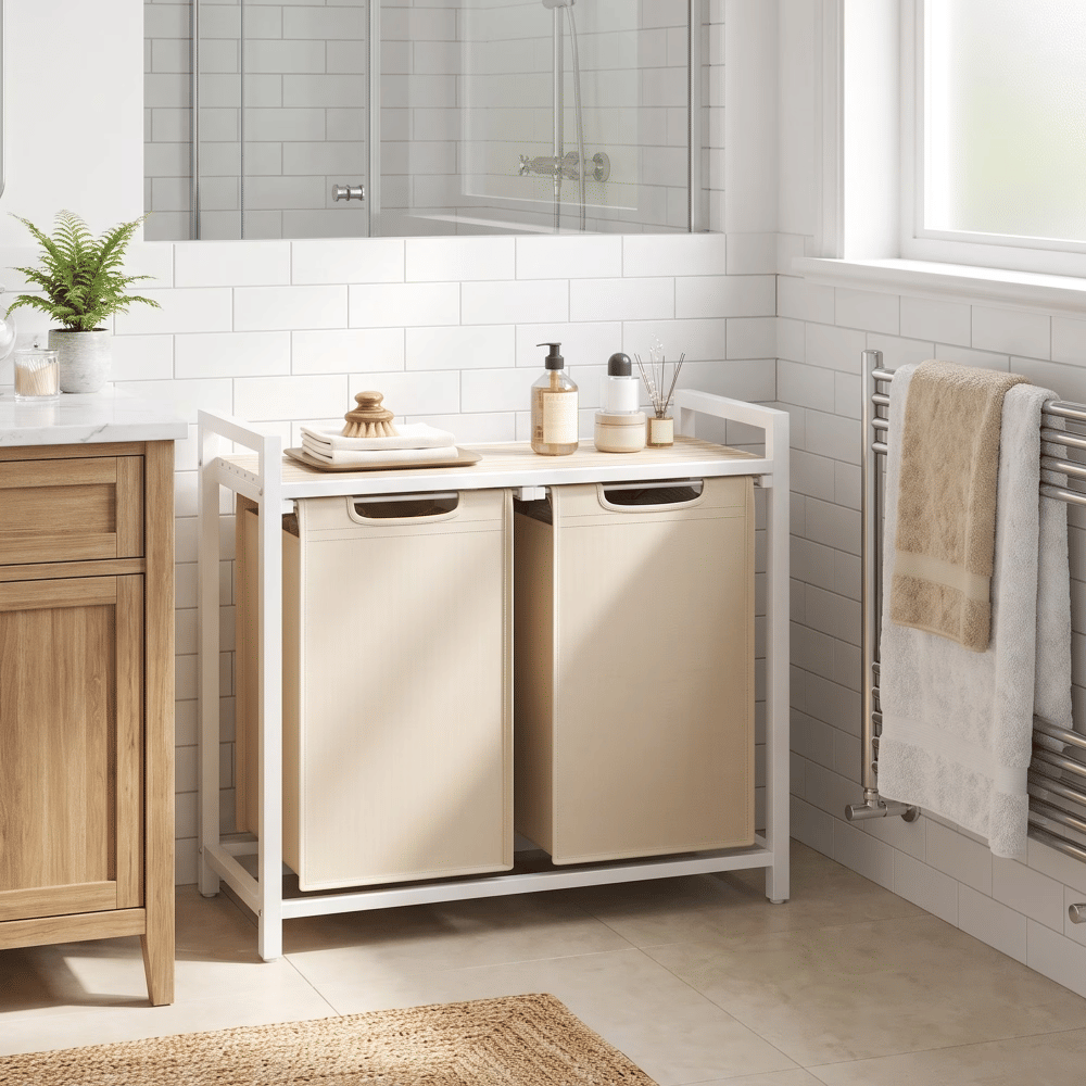 Laundry Hamper with 2 Removable Bags, Sorting Basket, Shelf, Cappuccino Beige &NaturalBeige