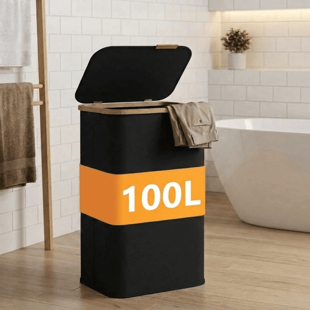 Laundry Hamper with Lid 100L, Large Foldable Clothes Basket with Bamboo Handles, Tall Fabric HamperforBedroom, Bathroom, Dorm, Ink Black