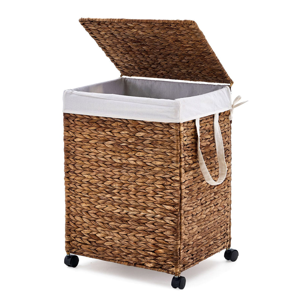 Laundry Hamper with Lid and Wheels, Woven Natural Water Hyacinth Rolling Laundry Hamper