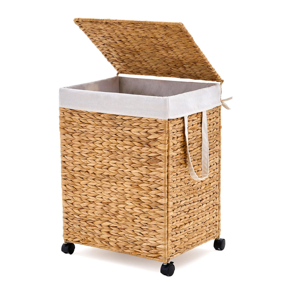 Laundry Hamper with Lid and Wheels, Woven Natural Water Hyacinth Rolling Laundry Hamper