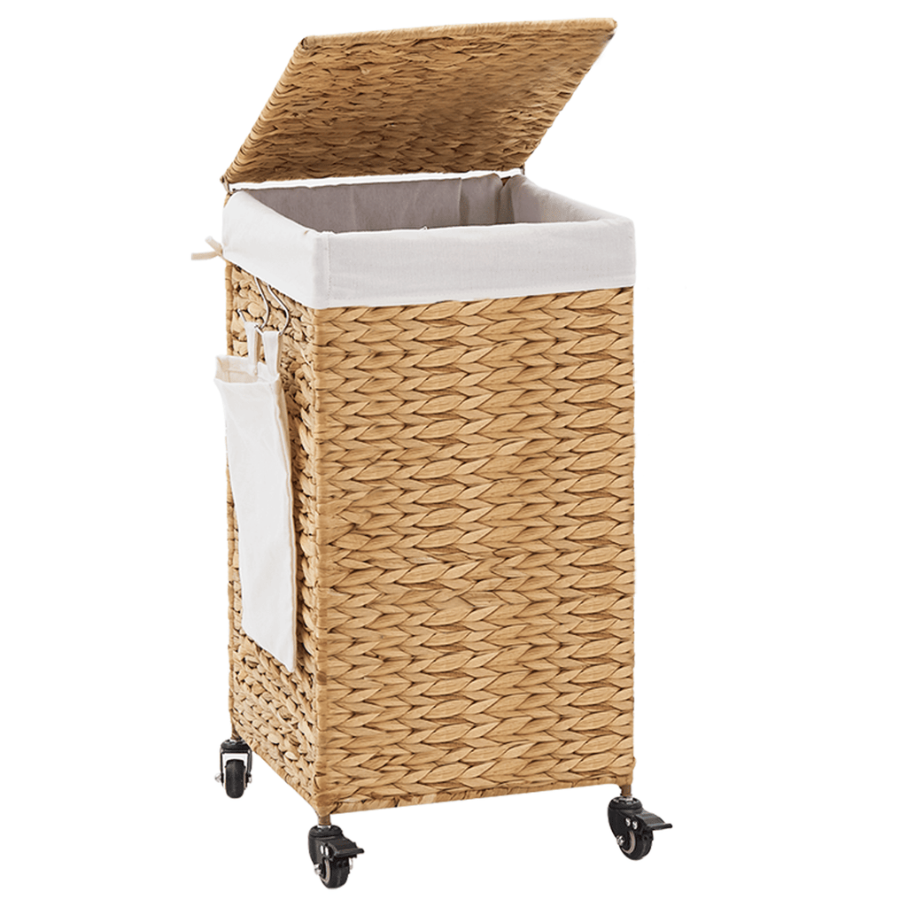 Laundry Hamper with Lid and Wheels, Woven Natural Water Hyacinth Rolling Laundry Hamper