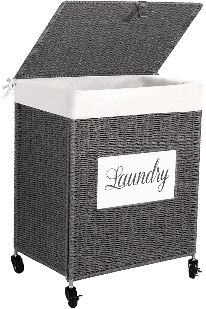 Laundry Hamper with Lid Laundry Basket with Handles Liner Bag Paper Woven Hampers for Laundry Clothes Storage Basket for Bedroom Bathroom (Grey)