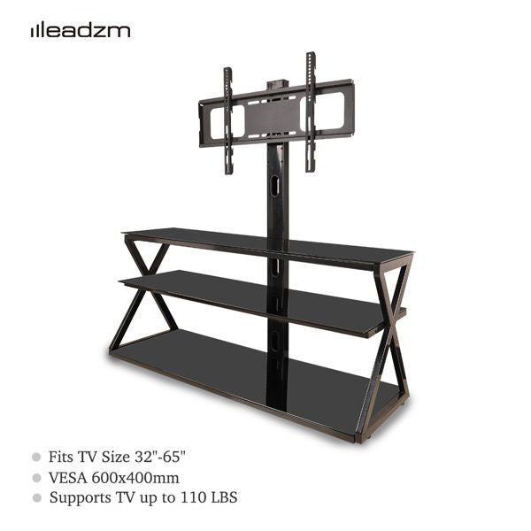 Leadzm TSG001 32-65" Corner Floor TV Stand with Swivel Bracket 3-Tier Tempered Glass Shelves