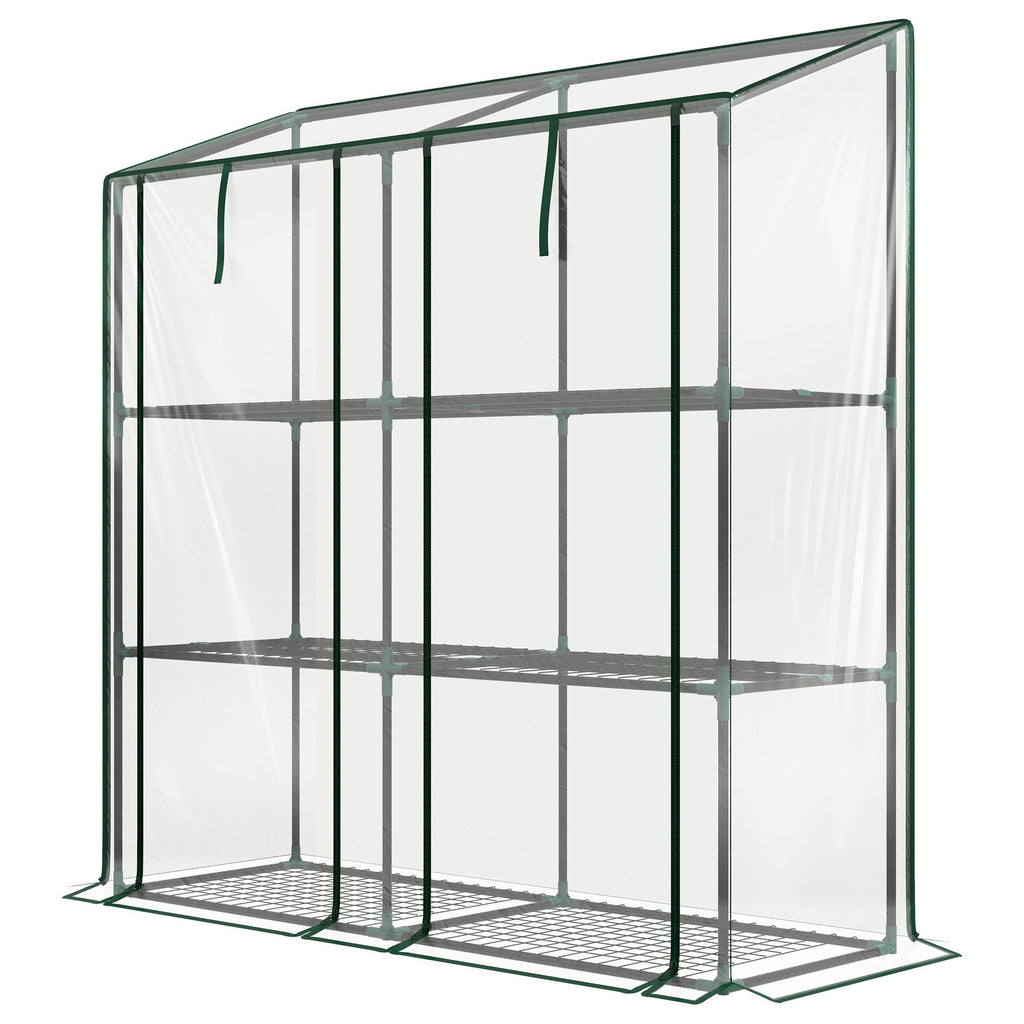 Lean-to Greenhouse, Portable Greenhouse with 3 Tier Shelves, 2 Roll-Up Zippered Doors, 56.3" x 18.1" x 59.4", Clear