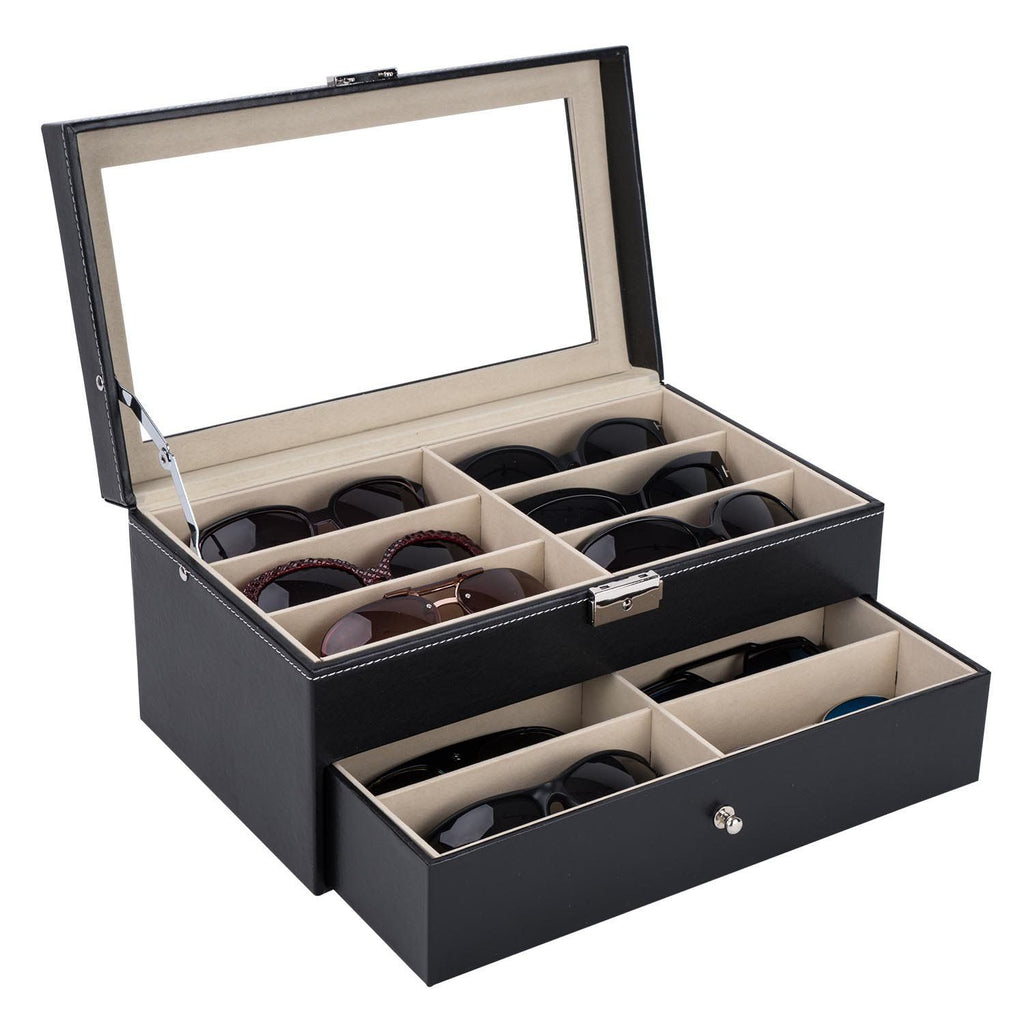 Leather 12 Piece Eyeglasses Storage and Sunglass Glasses Display Drawer Lockable Case Organizer Black