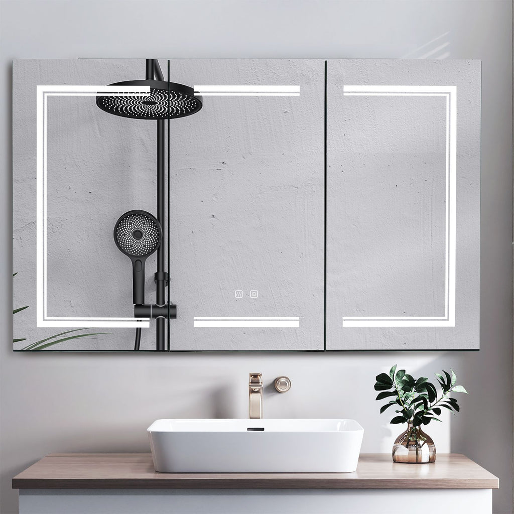 [] LED Bathroom Wall Cabinet, 3 Door Bathroom Mirror Cabinet, white