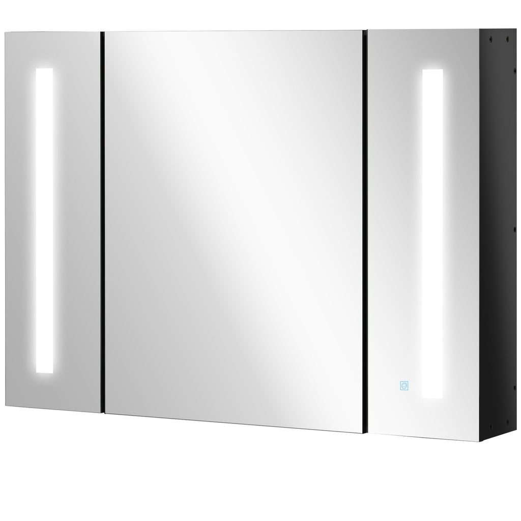 LED Lighted Medicine Cabinet, 35.5"W x 25.5"H, Wall Mounted with Mirror, 3 Cupboards, USB Charge, High Gloss Black