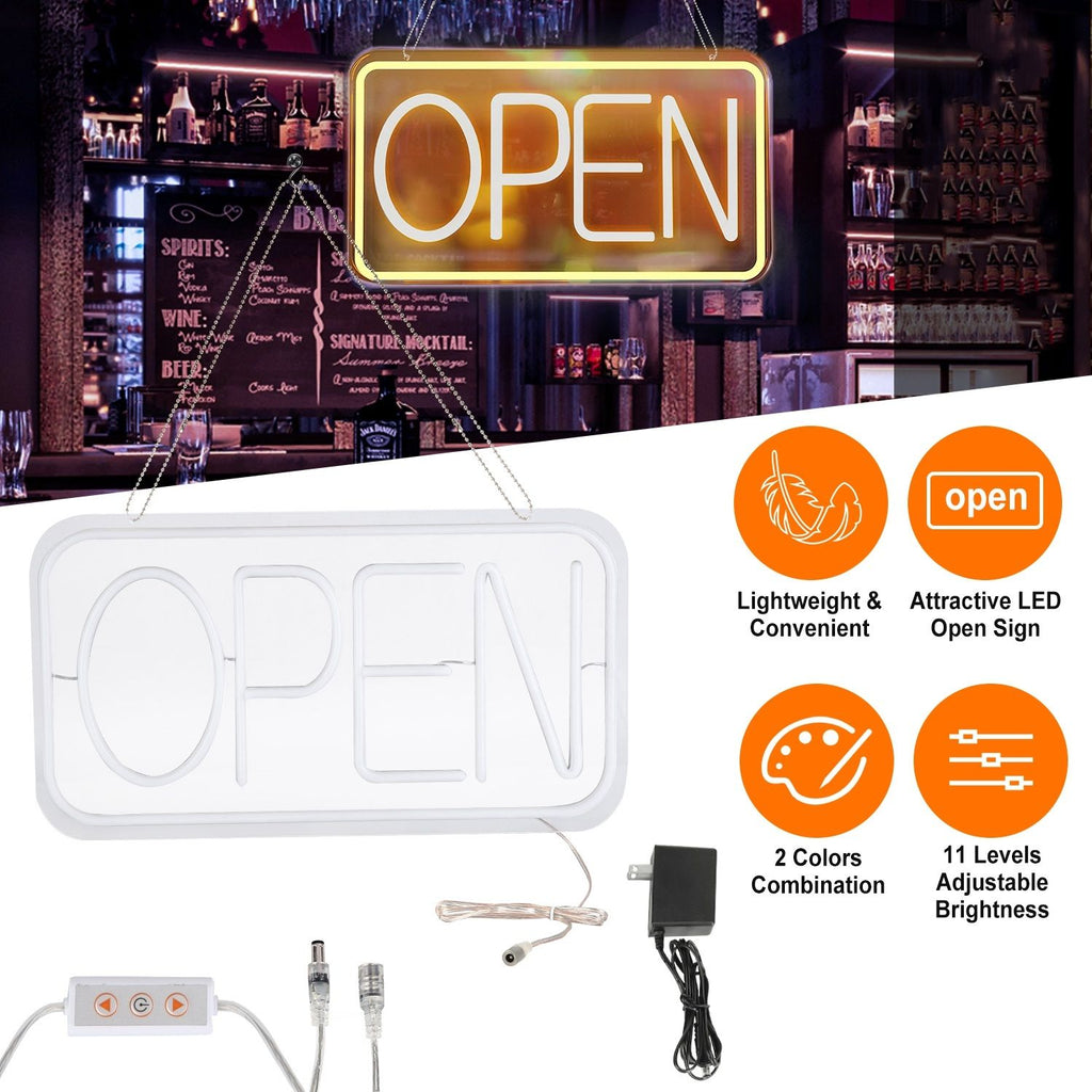 LED Neon Open Sign, Dimmable Business Store Front Light Sign with Controller & Hanging Chain, DualColor Lighting for Cafe, Restaurant, Salon Indoor Use