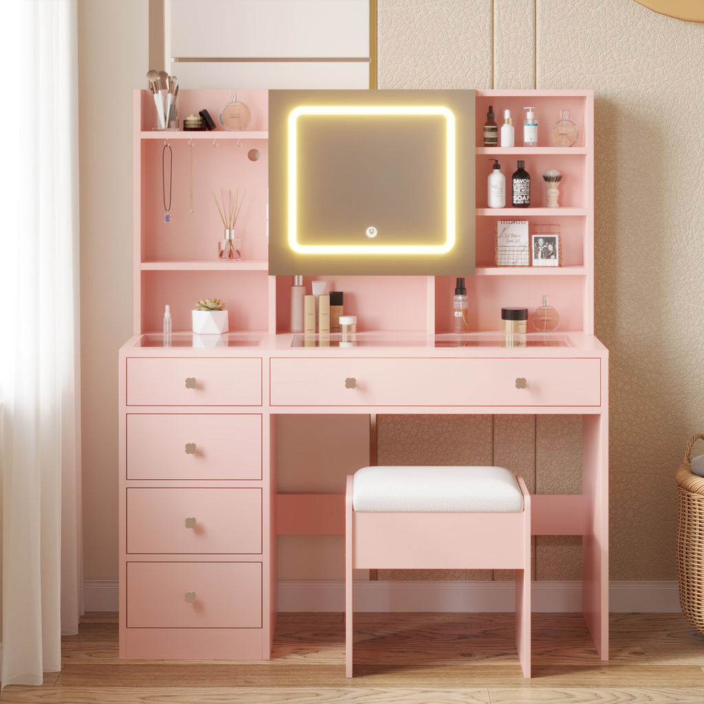 LED Tri-Color Lighting Dressing Table Set Particleboard with Textured Melamine Finish Dressing Table with Power Strip 5-Drawer Dressing Table with Shelves and Hooks 47.24*15.75*53.54in Apple Pink