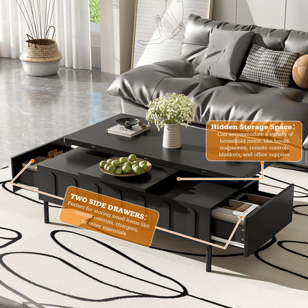 Lift-Top Coffee Table with 2 Drawers, Modern Space Saving Center Table with Foldable Top, Multi-Functional Adjustable Coffee Table with Hidden Storage Compartment for Living Room