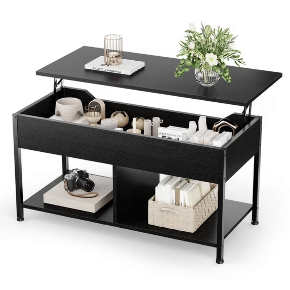 Lift Top Coffee Table with Storage 39" Center Table with Hidden Compartment & 2 Shelves Farmhouse, Wood Coffee Table for Living Room with Sturdy Lift-Top Adjustable FeetBlack (Shipment from Walmart)