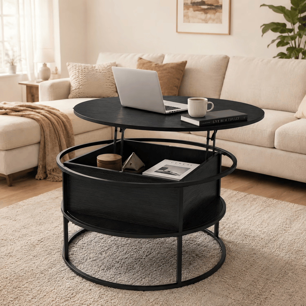 Lift-Top CoffeeTableRound CenterTablewith Hidden CompartmentStorageShelfforLiving Room, Black