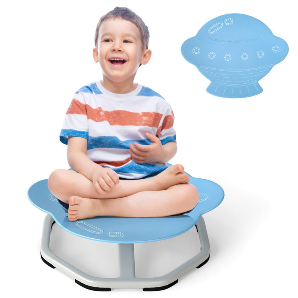 Light blue children's sensory rotating chair: 360 ° rotation, 220 pound capacity, planetary design, PP/metal, anti slip pad, used for balance and coordination