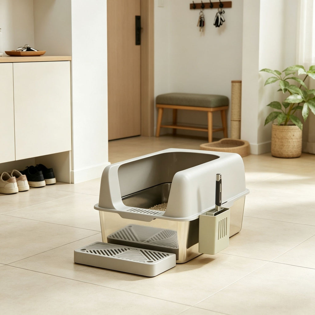 Light Gray 2 Pack High Sided Stainless Steel Litter Box Anti-Urine Leakage for Multi-Cat Households