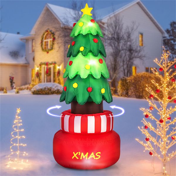 Lighted Blow-Up Xmas Tree - Self-Rotating Design, Waterproof Fade-Resistant, 2 Ground Stakes+2 Water Bags