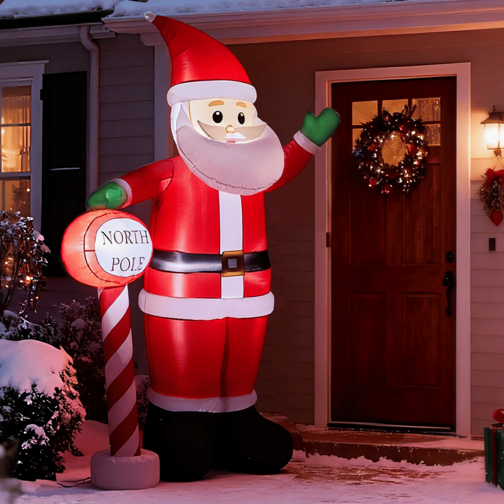 Lighted Christmas Inflatable Decoration, Inflatable Santa with North Pole Road Sign, Blow Up Yard Decoration with Built-in LED Lights, 57.1 x 35.4 x 96.5 in