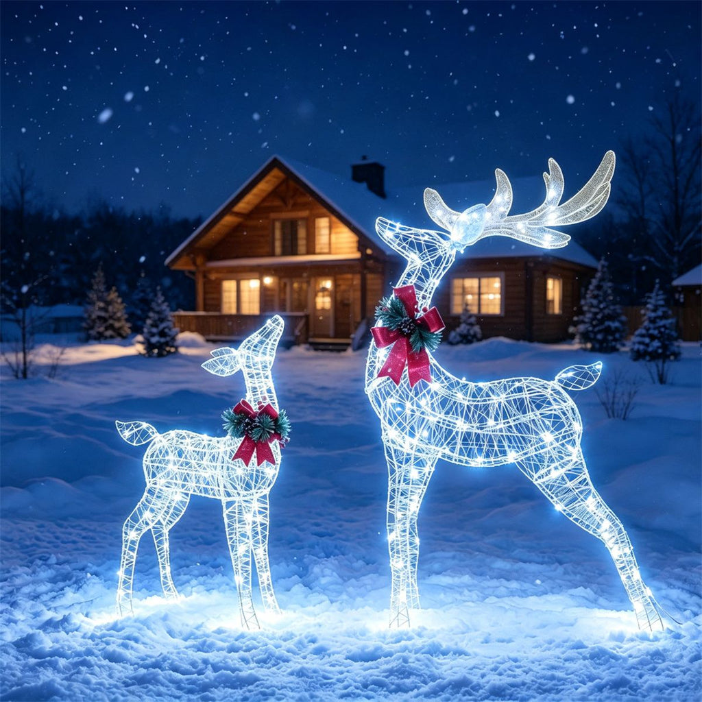 Lighted Christmas Reindeer Decorations, Cold White LED Pre-Lit Xmas Reindeer Set with Glittered Fabric, Metal Frame Weatherproof Outdoor Indoor Holiday Yard Porch Decor