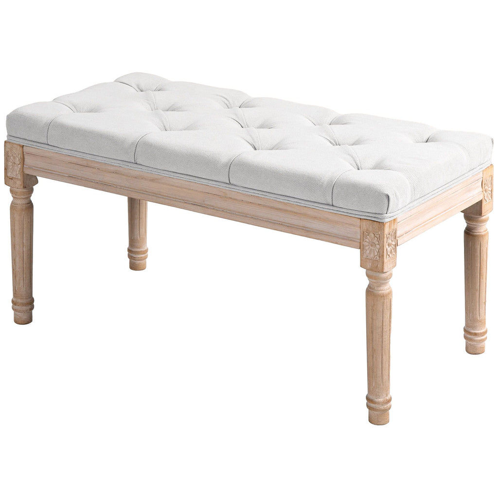 Linen Bedroom Bench, French Style End of Bed Bench Wooden Legs, Cream White