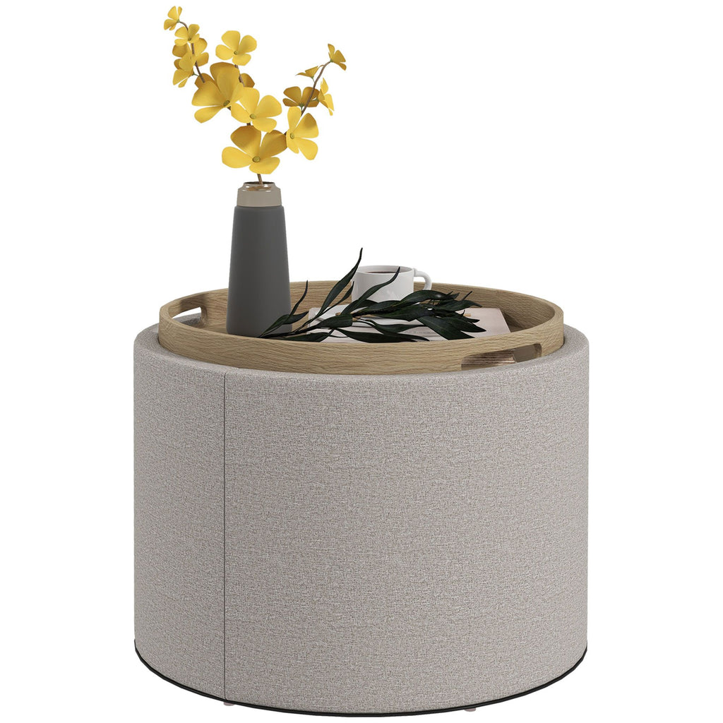 Linen Fabric Round Storage Ottoman Coffee Table with Flip-Top Tray Hidden Storage Space Elegant Footstool Gray