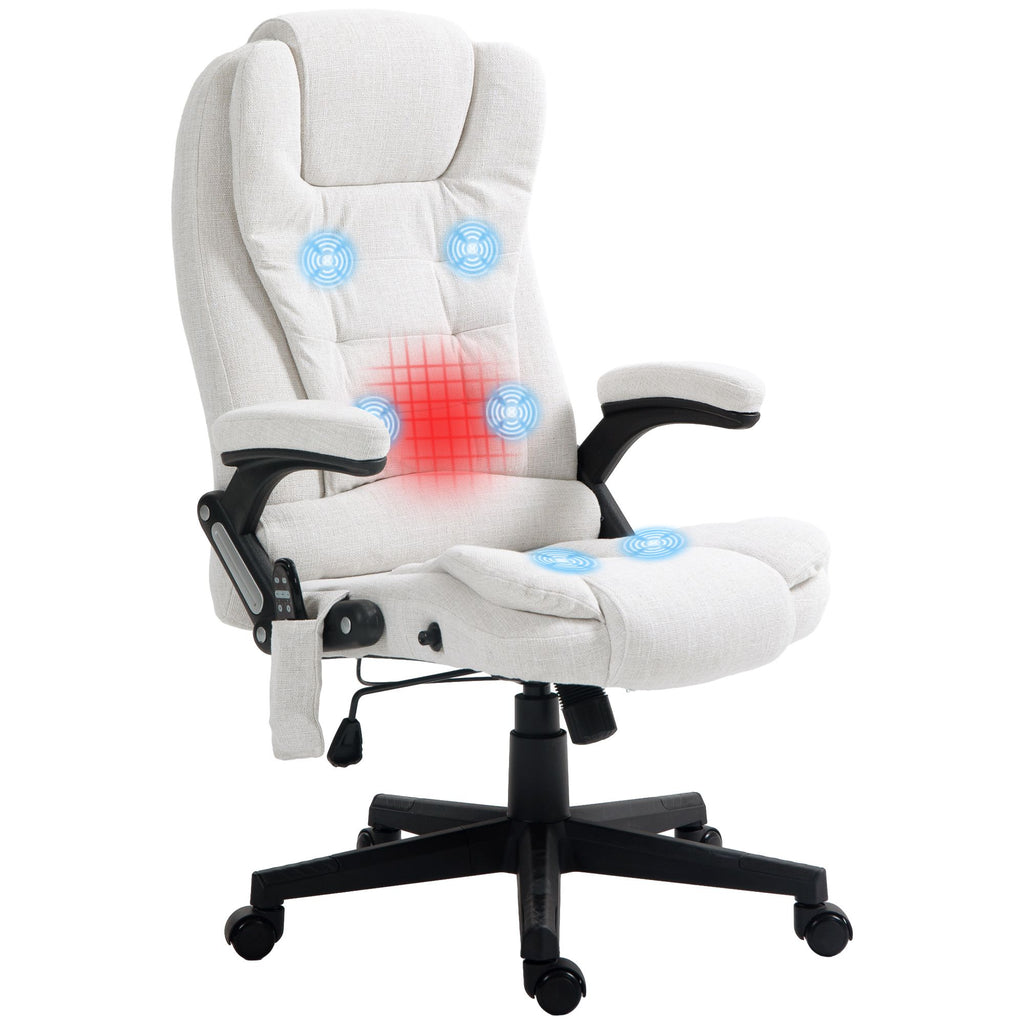 Linen Massage Office Chair with Heat, Reclining High Back, Padded Armrests, Remote, Cream White