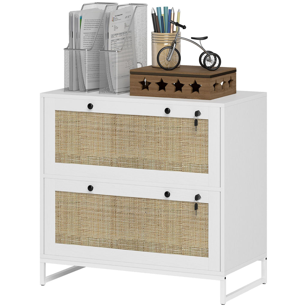 Lockable Filing Cabinet, Boho 2 Drawer File Cabinet with Adjustable Hanging Bar for Letter, A4 and Legal Size, White