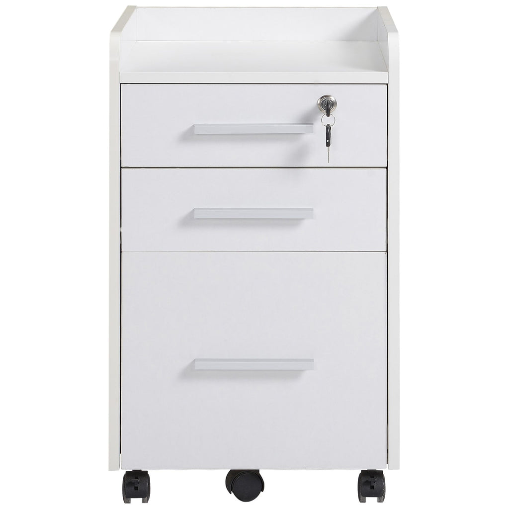 Lockable Filing Cabinet on Wheels, 3 Drawer Mobile File Cabinet with Lock and Edged Top, White