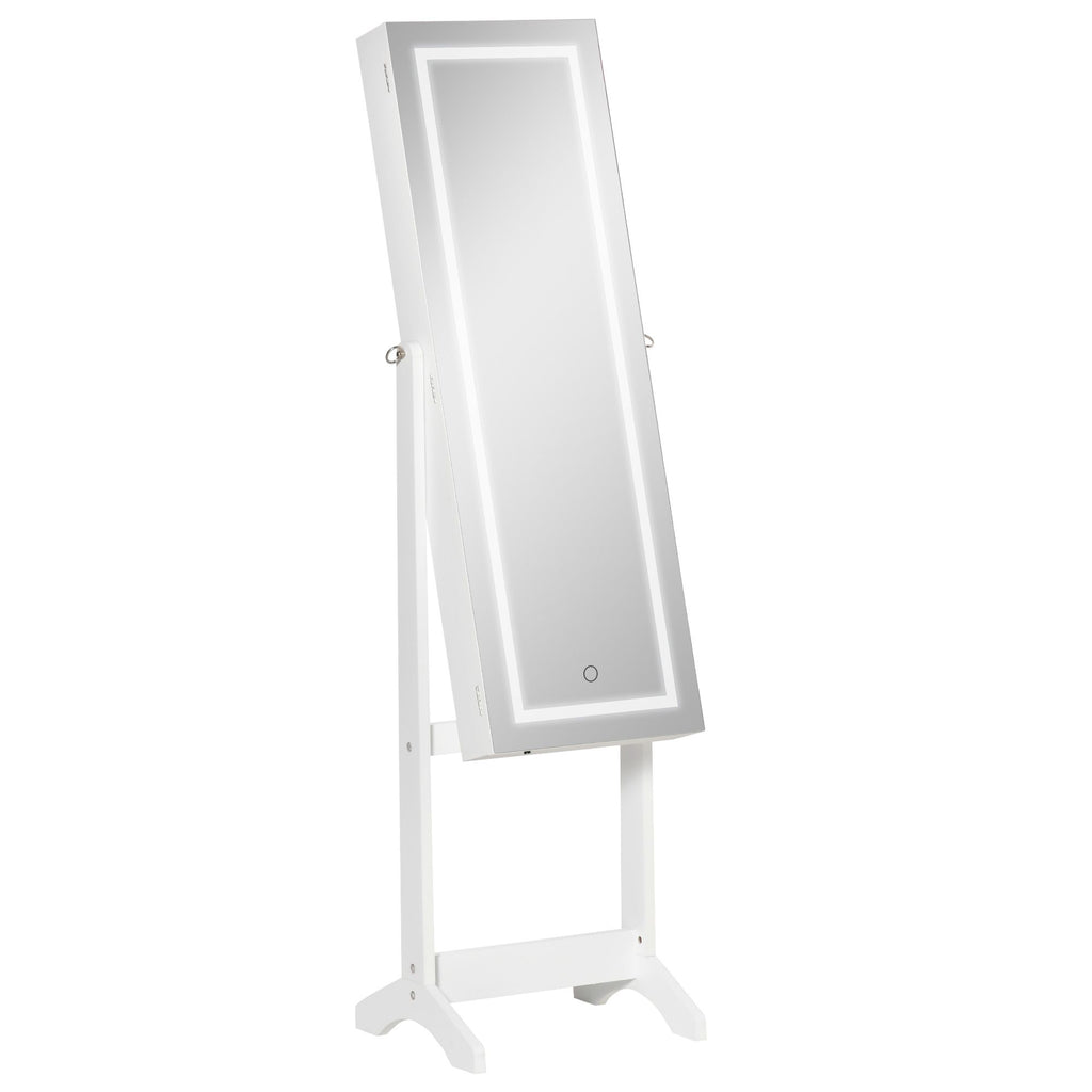 Lockable Jewelry Cabinet with Full-Length Mirror Adjustable White Floor Standing Organizer