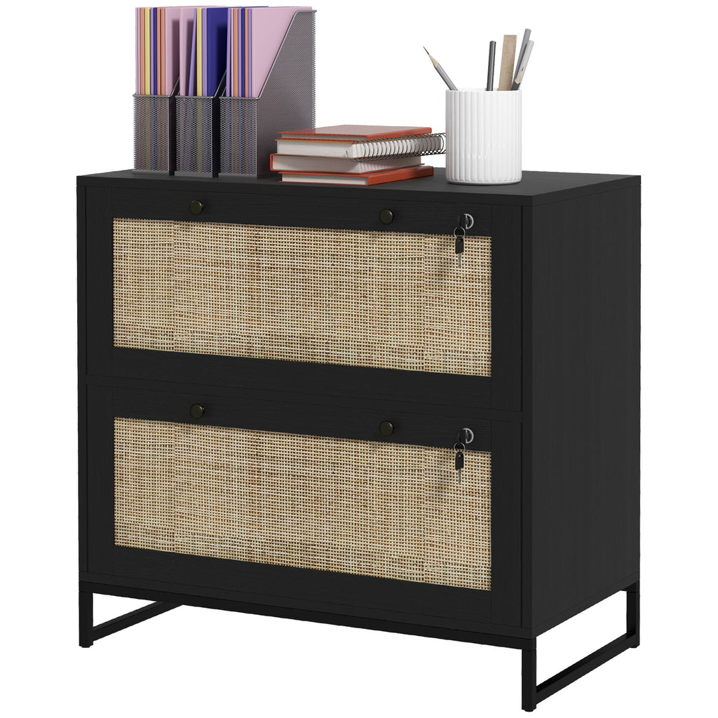 Locking File Cabinet, Locking 2 Drawer File Cabinet with Adjustable Hanging Bar for Letter/A4/Legal Size, Boho Style, Black