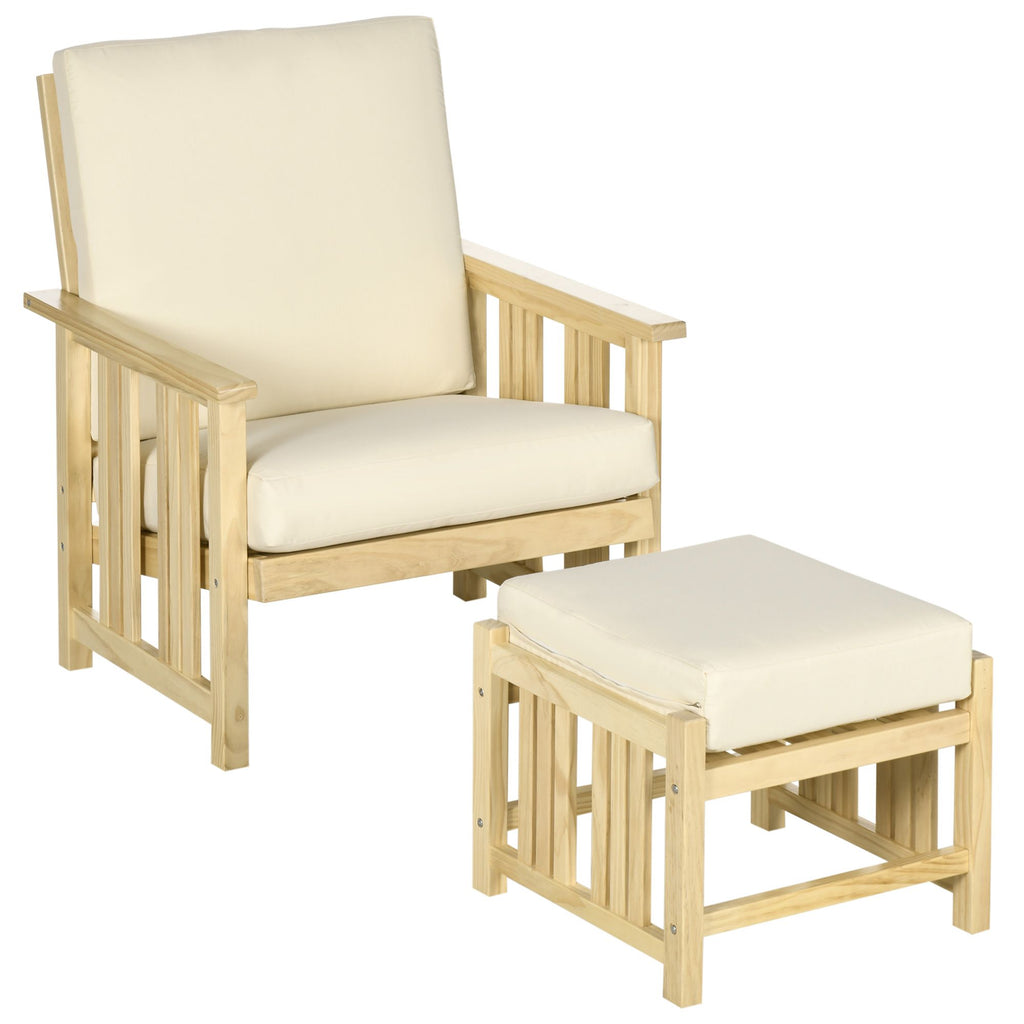 Lounge Luxe: 2PC Wooden Patio Chairs with Ottoman & Plush Cushions