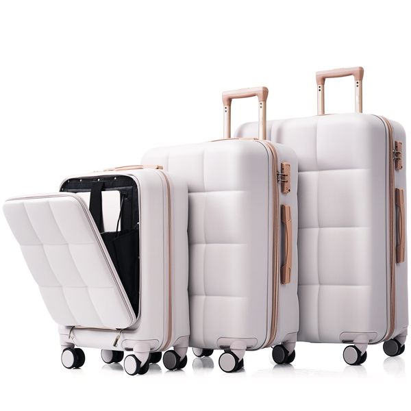 Luggage Sets 3 Piece, 20-inch with USB Port and front opening design, ABS Hard Shell Luggage with Spinner Wheels, Cup Holder, light grey