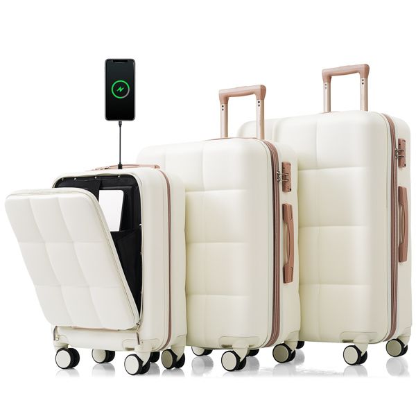 Luggage Sets 3 Piece, 20-inch with USB Port and front opening design, ABS Hard Shell Luggage with Spinner Wheels, Cup Holder, white