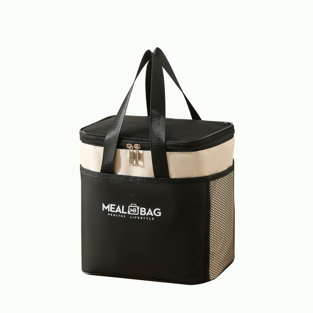 M-sized black insulated storage bag, thick aluminum foil waterproof lunch cooler tote bag with reinforced handle, reusable student daily commuting food carrying bag