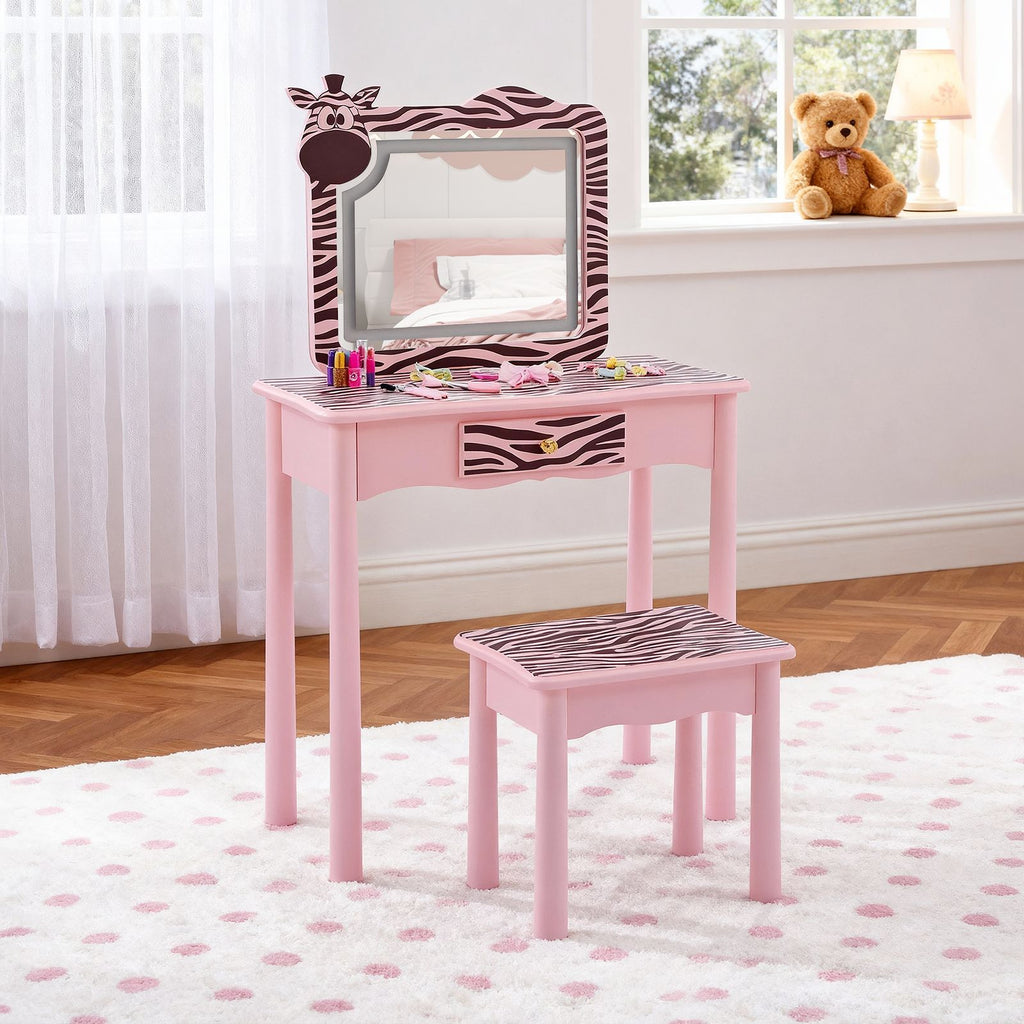 Macaron pink, MDF + solid wood legs, spray paint + silkscreen printing, zebra pattern, 1-drawer children's dressing table set, LED three-color light-emitting touch switch