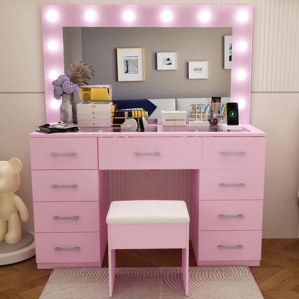 Macaron powder, particleboard with textured melamine finish, 9-drawer dressing table set, includes 12 tri-color LED light bulbs, power strip, glass tabletop