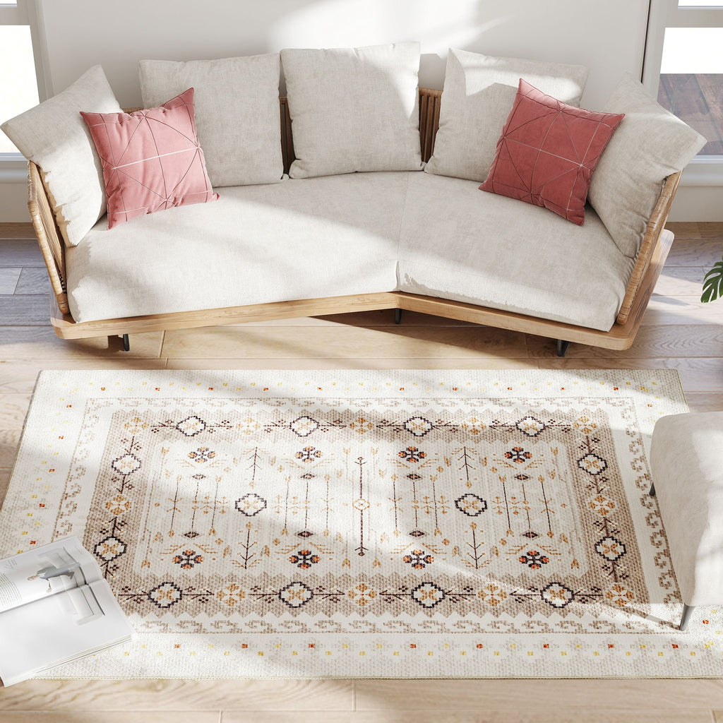Machine Washable Area Rug 4x6, Non-Slip Boho Flannel Print Floor Carpet for Living Room, Bedroom, Dining Room, Brown