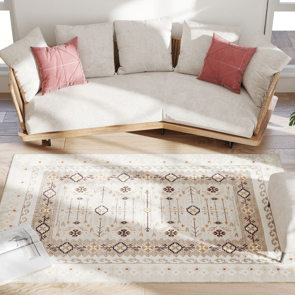 Machine Washable Area Rug 5x7, Non-Slip Boho Flannel Print Floor Carpet for Living Room, Bedroom, Dining Room, Brown