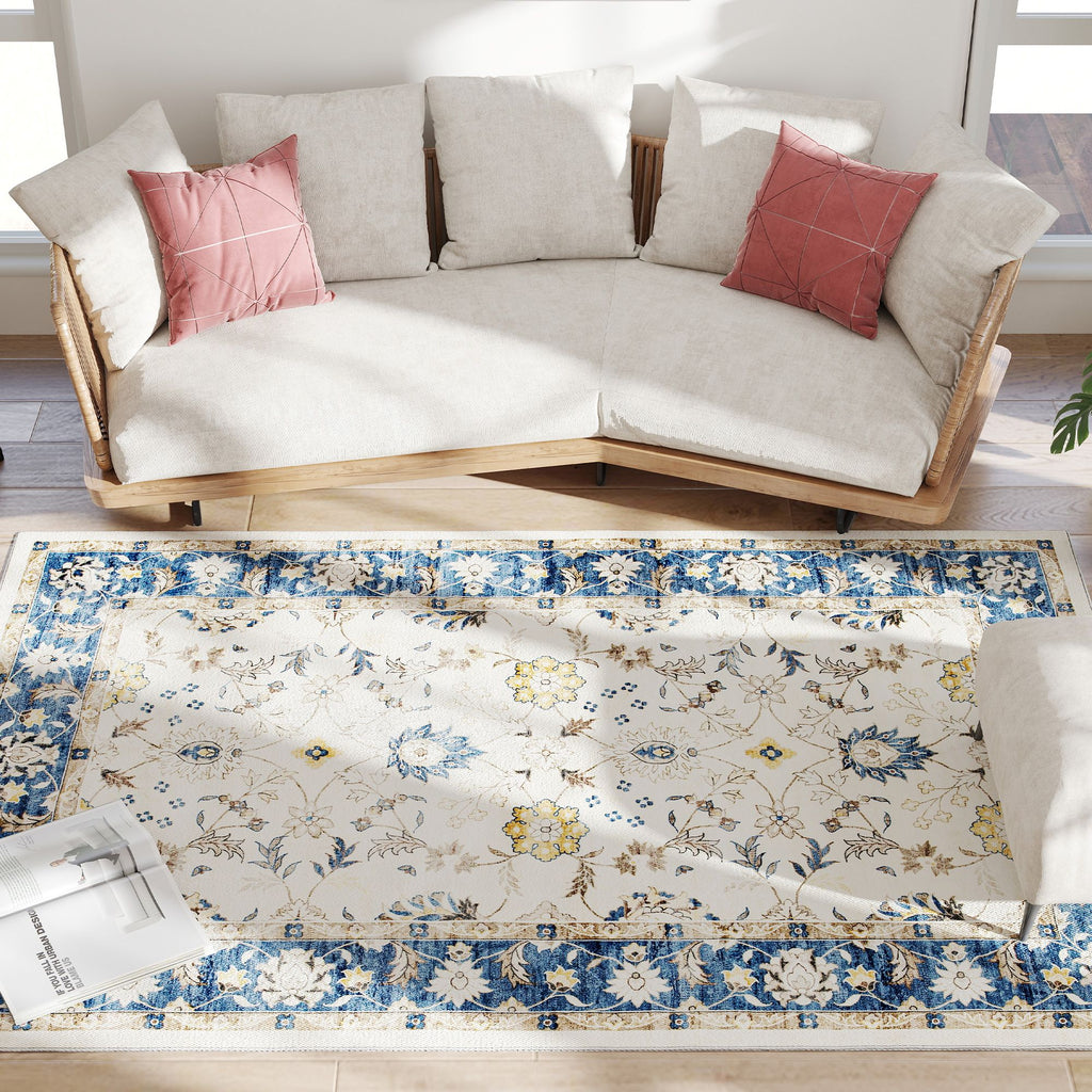 Machine Washable Area Rug 5x7, Non-Slip Boho Floral Print Floor Carpet for Living Room, Bedroom, Dining Room, Blue