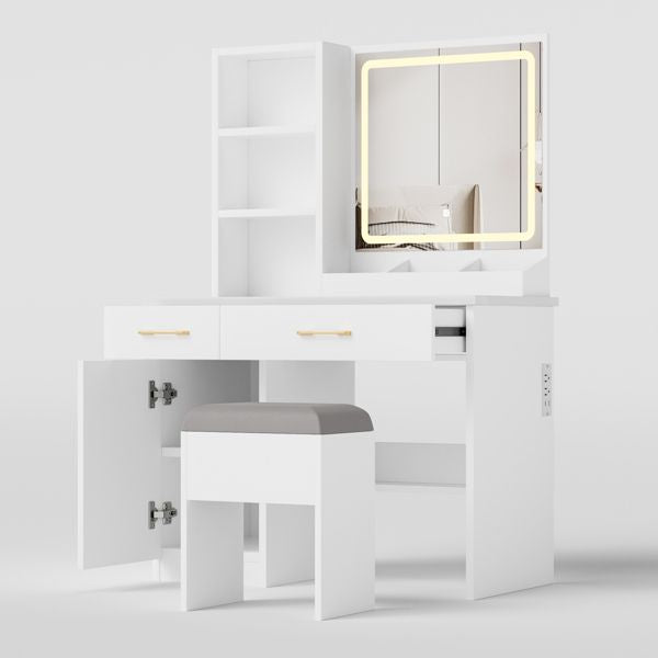 Makeup Vanity Desk with Mirror and Lights, White Vanity Table with Power Outlet and 3 Lighting Modes, Dressing Table Set with Cabinet Drawers Shelves and Storage Stool for Bedroom