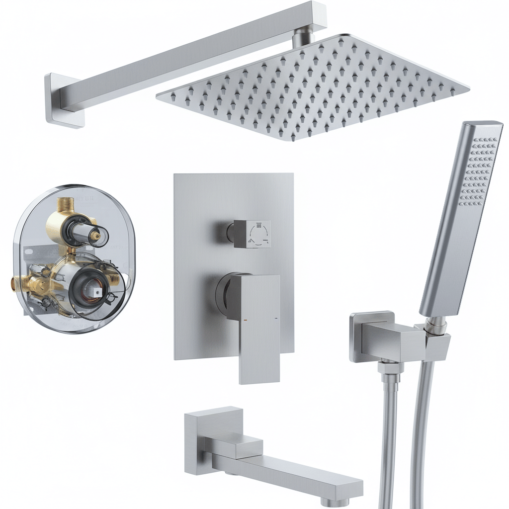 Male NPT Brushed Nickel Shower System, 12 Inch Shower Fixtures Rain Shower Head with Handheld Shower Spray, Wall Mount Shower Faucet Set for Bathroom(Pressure Balance Shower Trim Valve Kit Included)