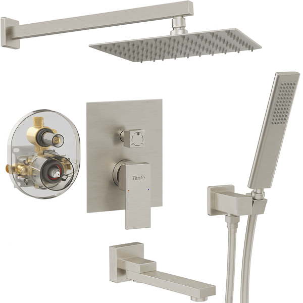 Male NPT Folding Bathtub Shower Faucet, Rain Shower Head System with Bath Tub Faucet Set and Handheld for Bathroom, Brushed Nickel 3 Function[Unable ship weekends, TK/TEMU only for pickup]