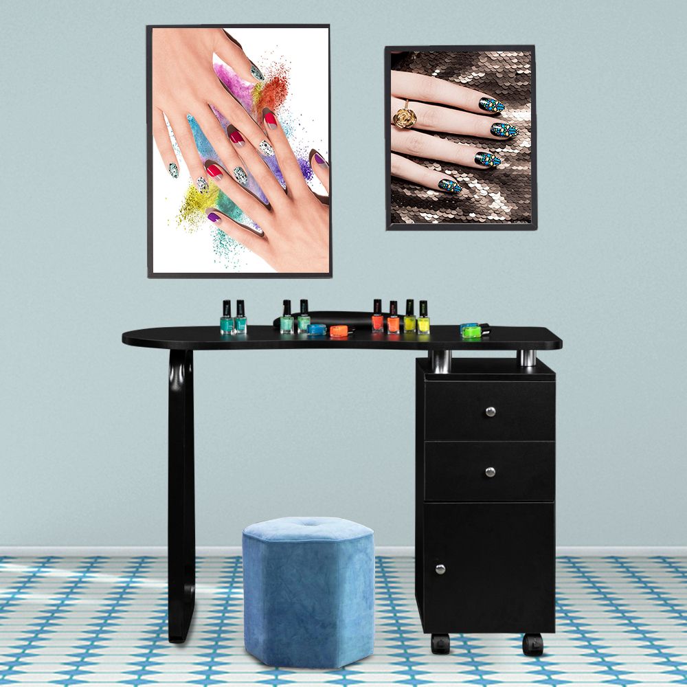 Manicure Table Unilateral Square/2 Drawers/1 Door/With Hand Pillow/With Wheels Black